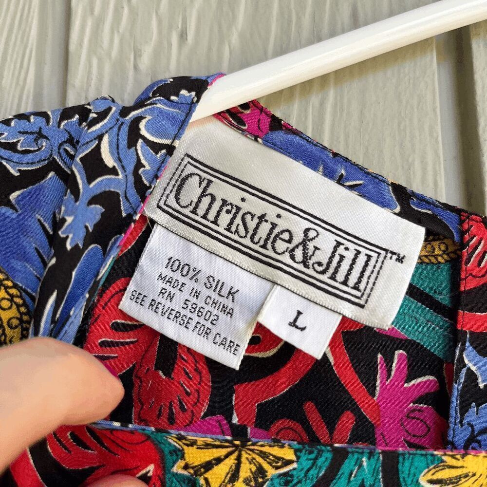 Vintage 80s 100% Silk Bright Colorful Print Sleeve, SZ L - Picture 8 of 12
